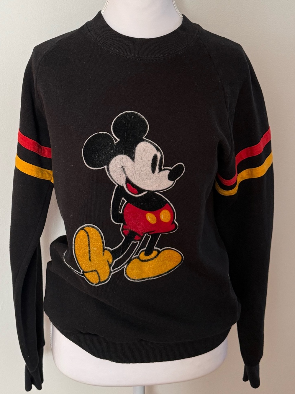 Disney Black Mickey Mouse Crewneck Sweater with Red and Yellow Stripes